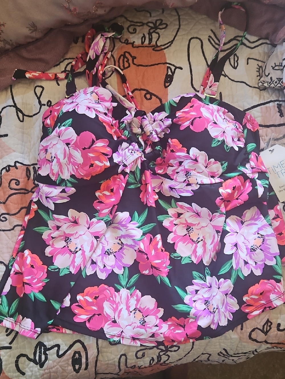 Time and Tru Black Tankini Top with Pink Floral Print